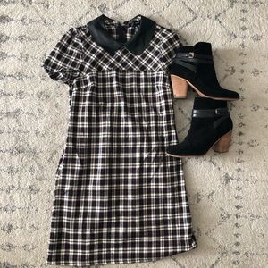 AQUA Black Plaid Dress with Leather Collar